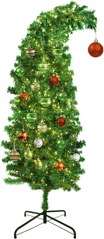 Photo 1 of 5Ft Artificial Christmas Tree Prelit, Whimsical Green Christmas Tree with Lights Best Bent Xmas Tree with Stand & Ball Ornaments Holiday Decorations Home Office Decor for Indoor Use