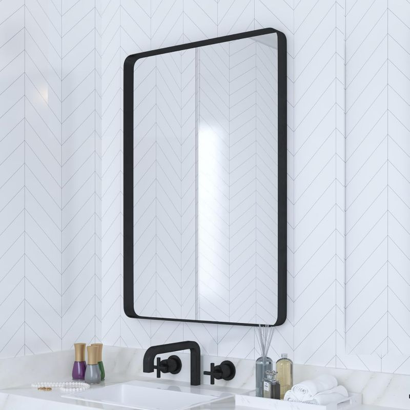 Photo 1 of Black Metal Framed Bathroom Mirror for Wall, 22 x 30 Inch Rounded Rectangle Matte Black Bathroom Vanity Mirror Farmhouse, 1/4-inch Shatterproof Glass | Ultra-Flush Hanging