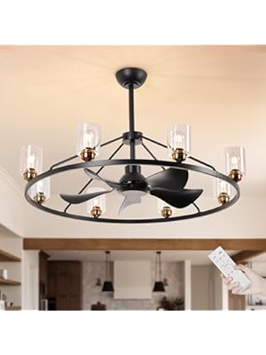 Photo 1 of 44" Large Ceiling Fans with Lights Wagon Wheel Chandelier, Farmhouse Fandelier Black Gold Fans with Glass Lampshade Light Fixture, 6 Speed, Timing, Adjustable Height for Dining Room Living Room