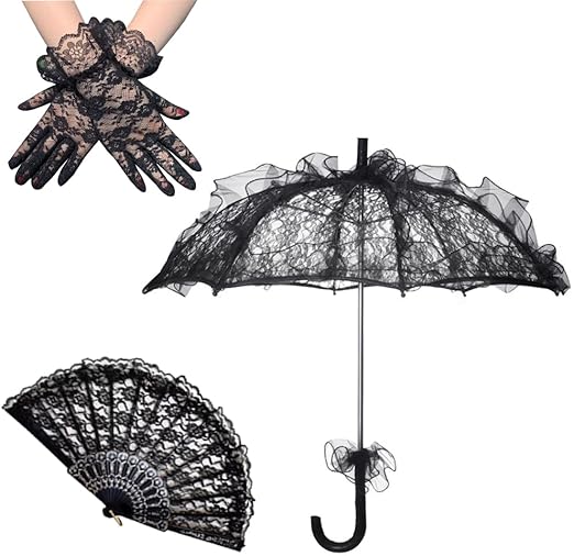 Photo 1 of Lace Parasol Umbrella Set Halloween Black Lace Umbrella Parasol Vintage Lace Embroidery Parasol Black Lace Gloves Handheld Folding Fan for Weeding Bridal Dancing Party Halloween Cosplay