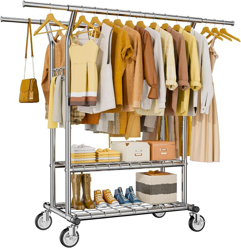 Photo 1 of Heavy Duty Clothes Rack, Rolling Clothing Rack With Shelves Load 620 LBS, Double Rod Clothing Racks for Hanging Clothes, Portable& Adjustable Clothes Rack with Wheels Garment Rack