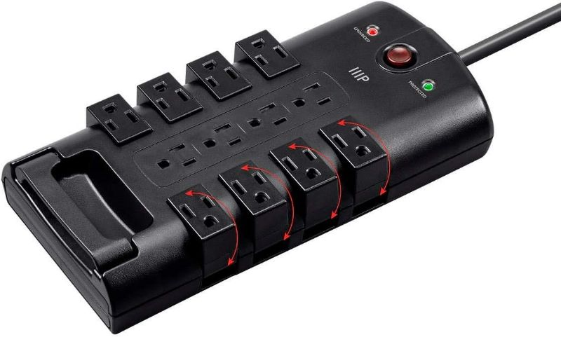 Photo 1 of Monoprice 12 Outlet Rotating Power Strip Surge Protector Block -10 Feet Heavy Duty Cord, UL Rated, 4320 Joules, 330 Volts Clamping Voltage, With Grounded And Protected Light Indicator - Black