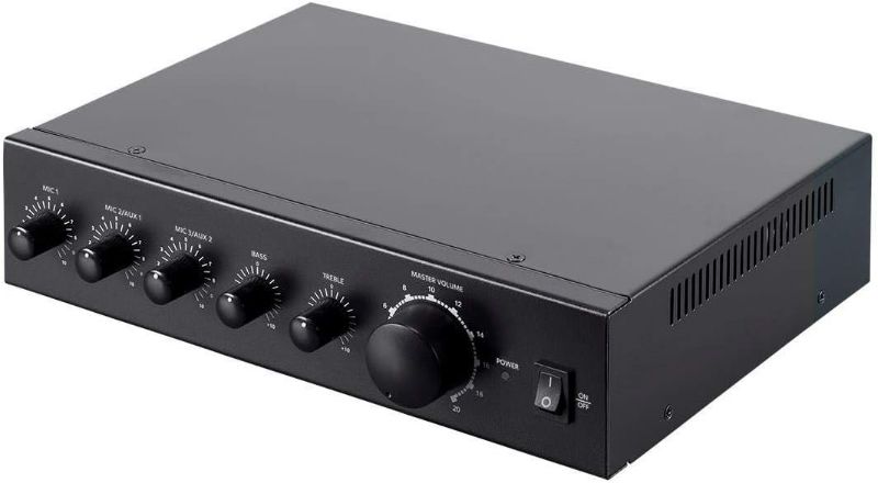 Photo 1 of Monoprice Commercial Audio 3 Channel 60 Watt 100/70V Mixer Amp - Three Mic Inputs, Bass, Treble, and Volume Controls, Black