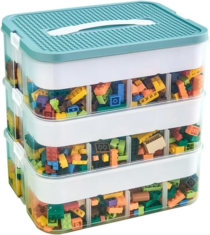 Photo 1 of 3 Layers Toy Organizer Bins with Compartments, Building Blocks Storage, Storage Containers for Building Brick Storage, Plastic Stackable Organizer Bin Toy Chest (Green 3 Layers)