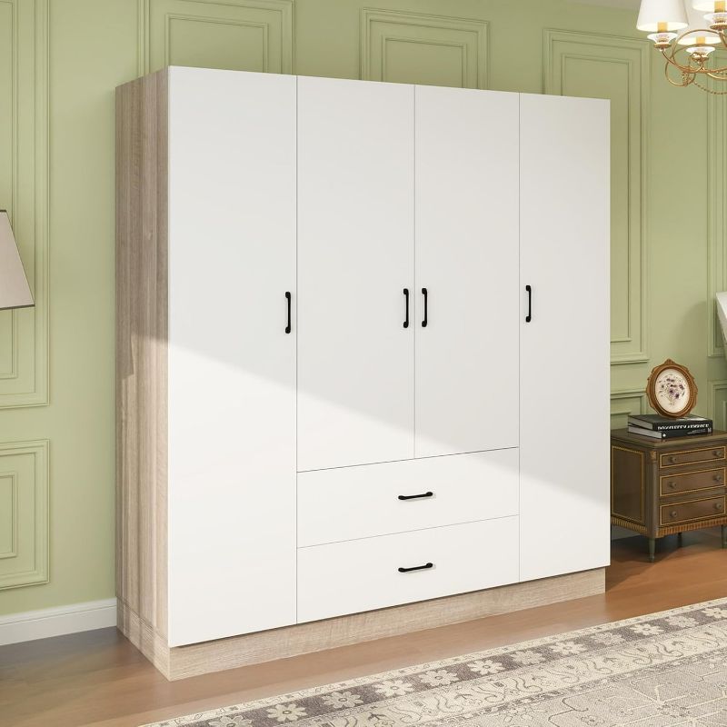 Photo 1 of Wooden Armoire Wardrobe Closet White Large Capacity Tall Clothes Storage Cabinet with 4 Doors, 2 Drawers, 2 Hanging Rods and Shelves for Bedroom ( NOT WHITE NATURAL COLOR)