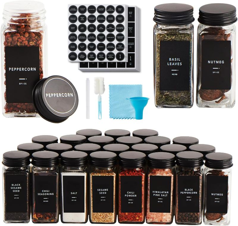 Photo 1 of 25 Pcs Spice Jars with Label- Glass Spice Jars with Black Metal Caps,Shaker Lids, Funnel, Chalk Pen, Brush,Cleaning Cloth 4oz Seasoning Containers Bottles for Spice Rack, Cabinet, Drawer ( One Spice Jar broke)