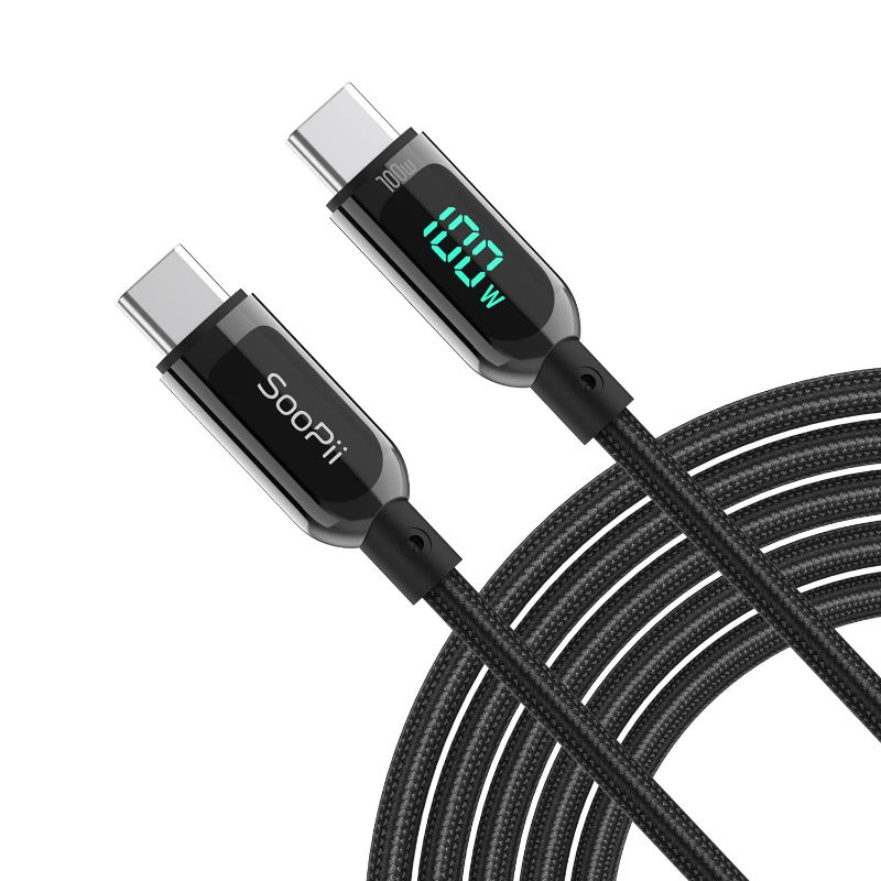 Photo 1 of SOOPII 100W 4ft USB C to USB C Cable Fast Charge, Nylon Braided Cable with LED Display for lPhone 15/15 Pro/15 Plus/15 Pro Max,lPad Air,MacBook Pro,Galaxy S24/S23, Pixel, LG (Black)
