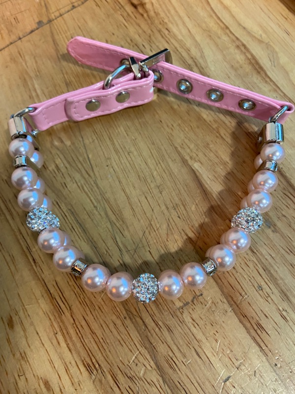 Photo 2 of Pink Dog Pearl Collar,Bling Rhinestone Crystal Luxury Beaded Puppy Necklace Fancy Pretty Cute Small Dog Collars Diamond Jewel for XXS XS Small Medium Female Girls Kitten Pet,XSmall