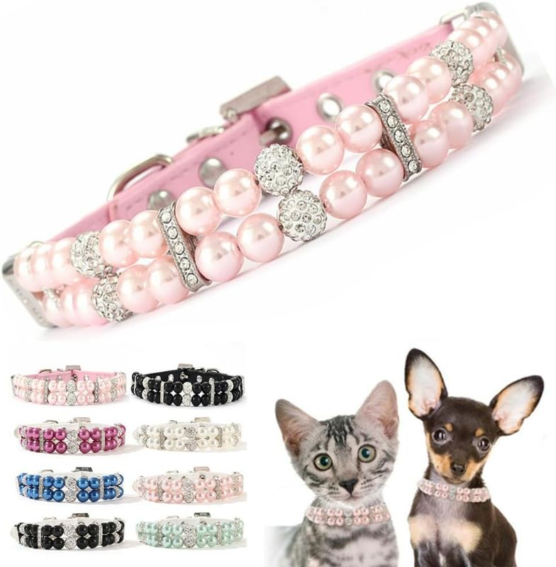 Photo 1 of Pink Dog Pearl Collar,Bling Rhinestone Crystal Luxury Beaded Puppy Necklace Fancy Pretty Cute Small Dog Collars Diamond Jewel for XXS XS Small Medium Female Girls Kitten Pet,XSmall