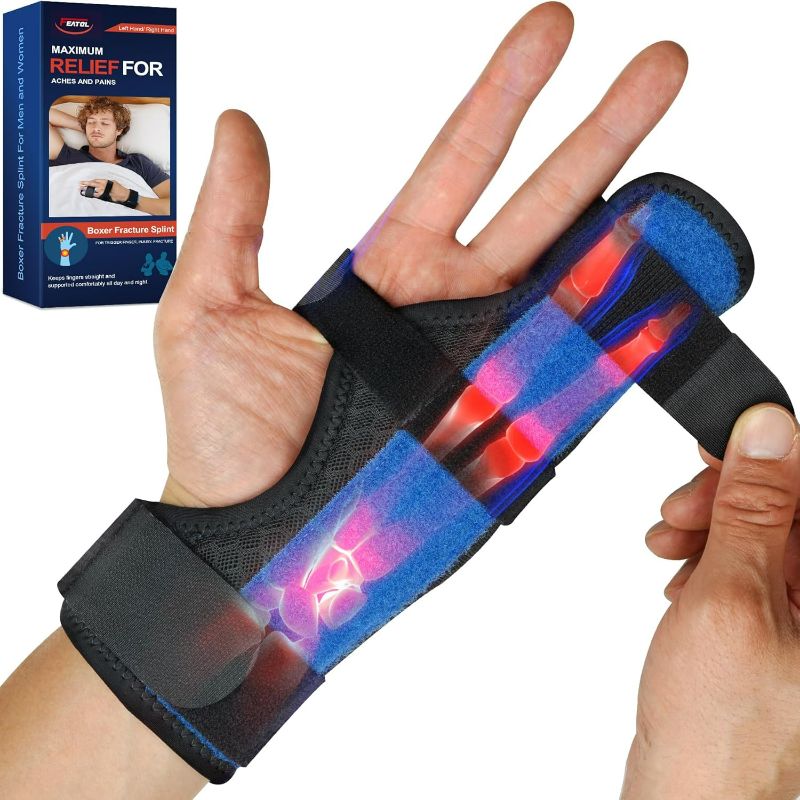 Photo 1 of FEATOL Boxer Finger Splint Metacarpal Splint Brace, Adjustable Pinky Finger Splint Hand Brace For Women Men, Pain Relief For Boxer Fractures, Broken Ring Finger, Tendonitis?Left Hand,Medium/Large