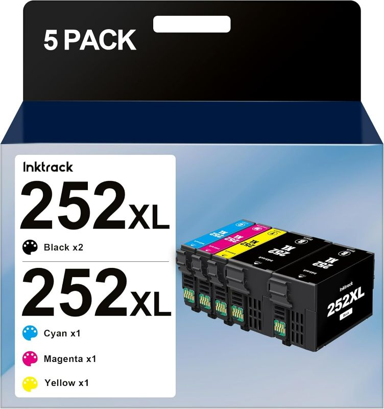 Photo 1 of 252XL Ink Cartridge Replacement for Epson 252XL 252 XL T252XL Combo Pack to use for Epson Workforce WF-7110 WF-7720 WF-7710 WF-3620 WF-3640 Printer(2 Black, 1 Cyan, 1 Magenta, 1 Yellow) 5 Pack