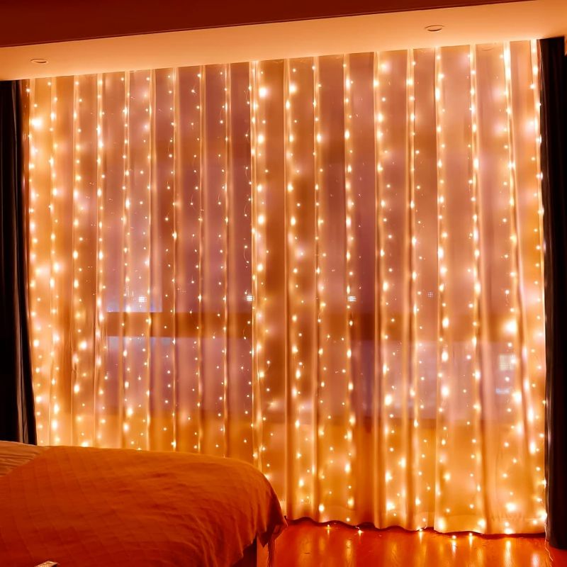 Photo 1 of HXWEIYE 300LED Orange Fairy Curtain Lights with Remote 8 Modes Timer for Bedroom, 9.8x9.8Ft USB Plug in Christmas Fairy String Hanging Lights for Fall, Halloween, Weddings, Party, Wall, Decorations