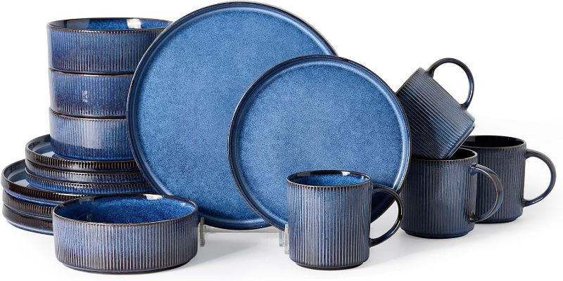 Photo 1 of MONITO Ceramic Dinnerware Sets Starry 16 Pieces Dinner Set,Plates Pasta Bowls Soup Bowls Reactive Change Glaze Dish Sets,Modern Stoneware Dishes,Gift,Starry Blue