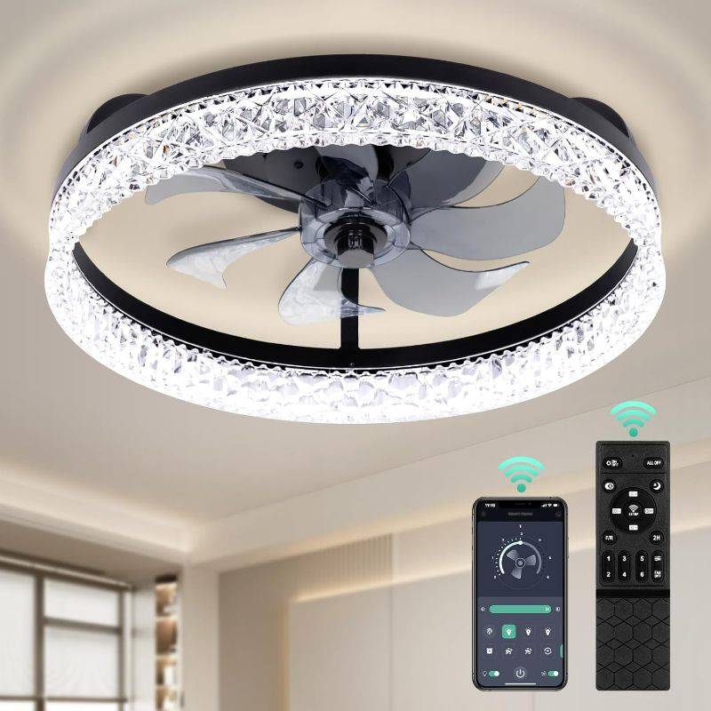 Photo 1 of Ceiling Fans with Lights and Remote, 20In Low Profile Ceiling Fans with Lights, Modern Flush Mount Ceiling Fan Light 3000K-5000K Dimmable Black Ceiling Fan with Light for Bedroom, Home Decor