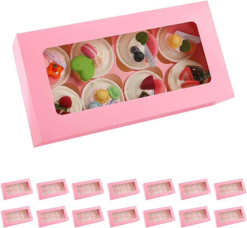 Photo 1 of 15 Cupcake Boxes 8 Count with Window and Inserts, Pink Cupcake Containers, 12.2" x 6.3" x 3" Cupcake Holders for Cupcakes, Muffins, Cookies, Desserts, Pastries