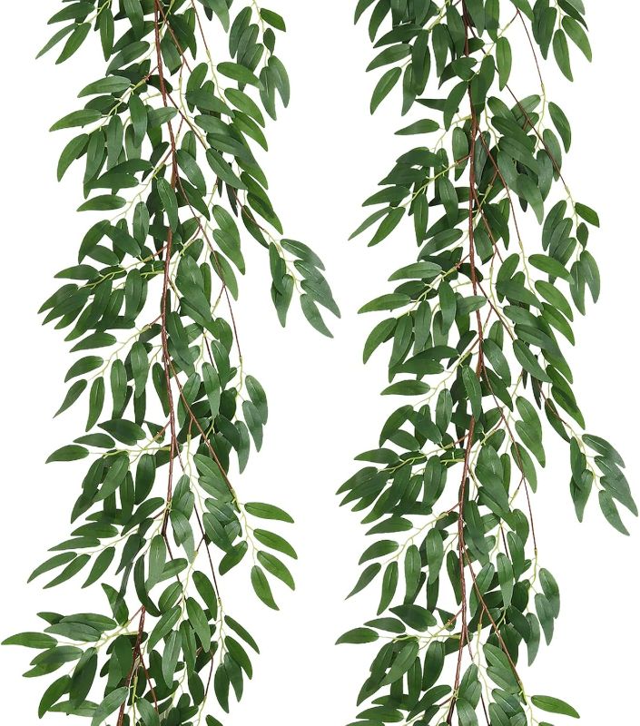 Photo 1 of Artificial Hanging Willow Vine Twigs 2Pcs 5.7Ft Fake Hanging Plant Silk Willow Leaves Ivy Garland Faux Greenery Ivy Decoration for Indoor Outdoor Wedding Jungle Beach Birthday Party Garden Table Decor