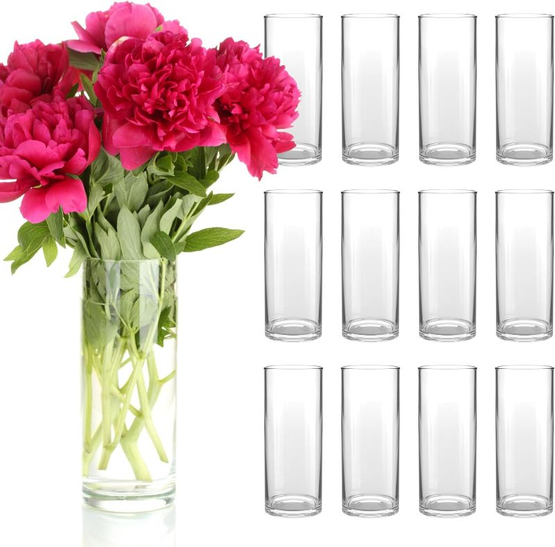 Photo 1 of 12 Pack 10"x4" Big Clear Glass Cylinder Vases for Centerpieces, Flower Vases for Wedding Decorations, Bulk Cylinder Flower & Plant Vases, Hurricane Glass Candle Holders and Floating Candle Vases