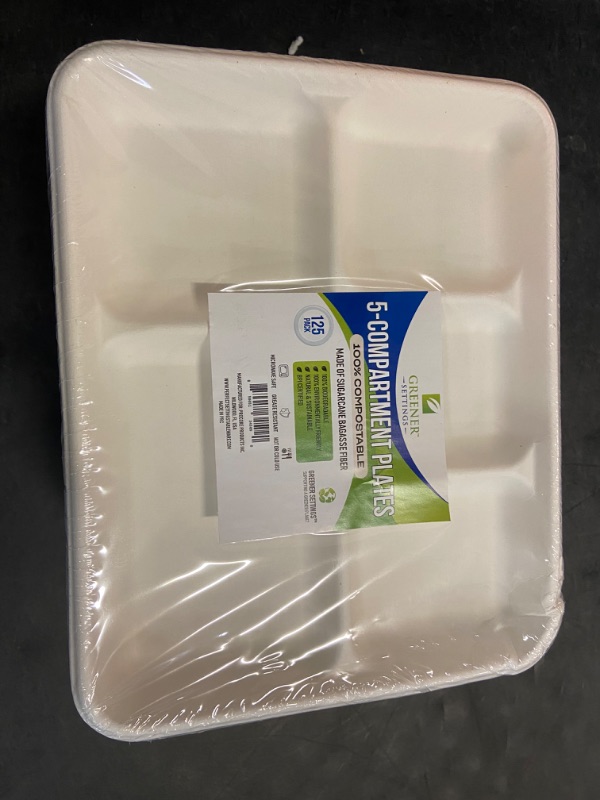 Photo 2 of 100% Compostable 5 Compartment Plates - Eco-Friendly, Disposable Sugarcane Trays 10.5 x 8.5 in. (125 Pack)