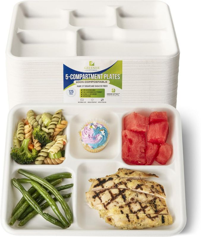 Photo 1 of 100% Compostable 5 Compartment Plates - Eco-Friendly, Disposable Sugarcane Trays 10.5 x 8.5 in. (125 Pack)