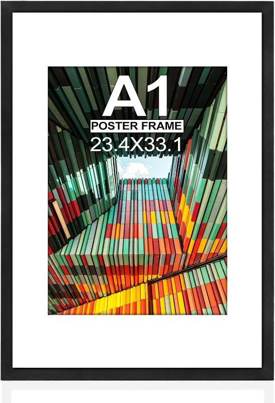 Photo 1 of A1 Poster Picture Frame,23.4x33.1(59.4X84.1cm) Natural Soild Wood Black Large Photo Frame with HD Plexiglass,Display Picture A2 with Mat or A1 Without Mat for Wall Mounting Horizontally and Verticall