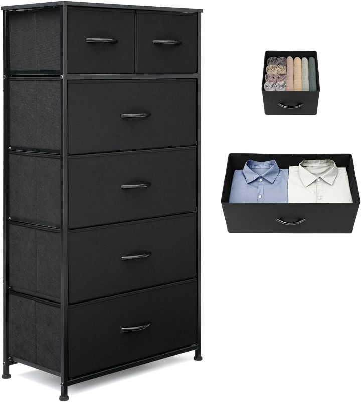 Photo 1 of Fabric Dresser for Bedroom, Tall Skinny Dresser with 6 Drawers, Storage Organizer Tower, Steel Frame Wooden Top for Closet, Living Room, Hallway, Nursery(Black)