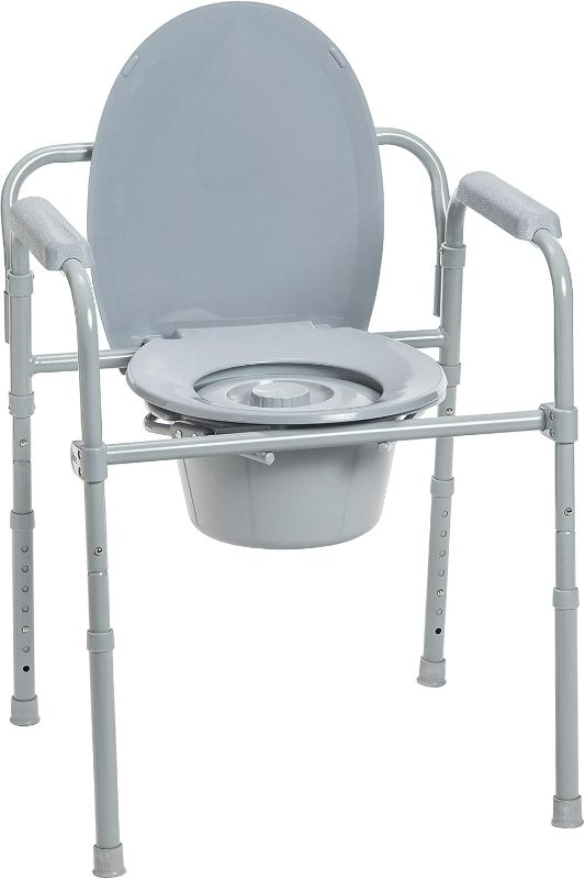 Photo 1 of Drive Medical RTL11158KDR Folding Steel Bedside Commode Chair, Portable Toilet, 350 Pound Weight Capacity with 7.5 Qt. Bucket, Grey