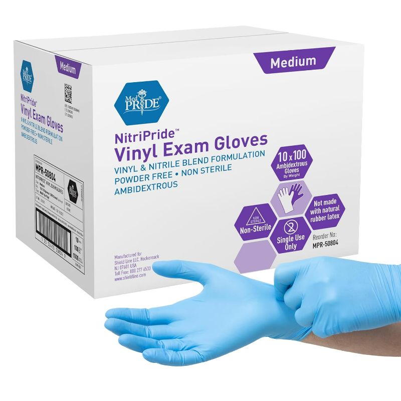 Photo 1 of MED PRIDE Nitrile-Vinyl Blend Exam Gloves, Medium 1000 - Powder Free, Latex Free & Rubber Free - Single Use Non-Sterile Protective Gloves