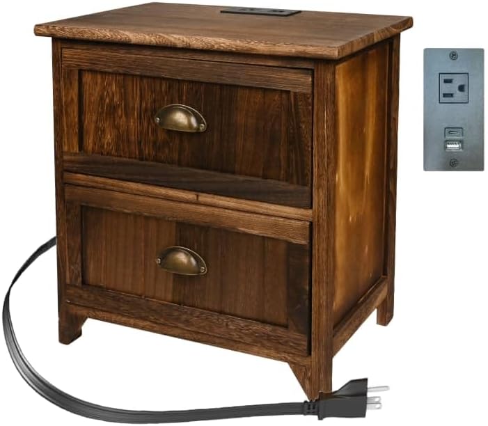 Photo 1 of Full Assembled 2 Drawer Solid Wood Small Dresser/Bedside Table in Farmhouse Style; Modern Rustic Paulownia Wood Night Stand/Side End Table with Drawers and Build-in Charging Station