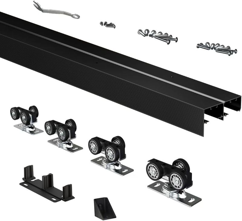 Photo 1 of Heavy Duty Bypass Sliding Closet Door Track Hardware 48", 4 FT Aluminium Pocket Door Track Rail Set, Smoothly and Quietly, for 2 Door System,Black