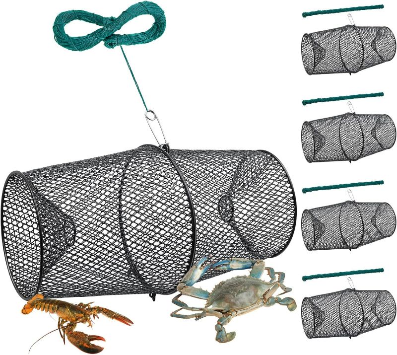 Photo 1 of 4 Set Minnow Trap Crawfish Trap with Closure Spring Clip and 4 Pcs Hand Ropes Fishing Trap for Crayfish Crawdad Lobster Crab Bait Metal Net Cage Crawfishing