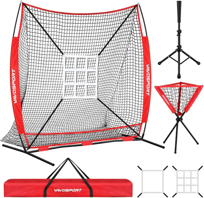 Photo 1 of 7x7' Baseball & Softball Net for Batting Pitching Hitting - Large Ball Collection System with Strike Zone, Baseball Tee, Ball Caddy, Portable Baseball Training Equipment for Adult Sport,Youth Practice