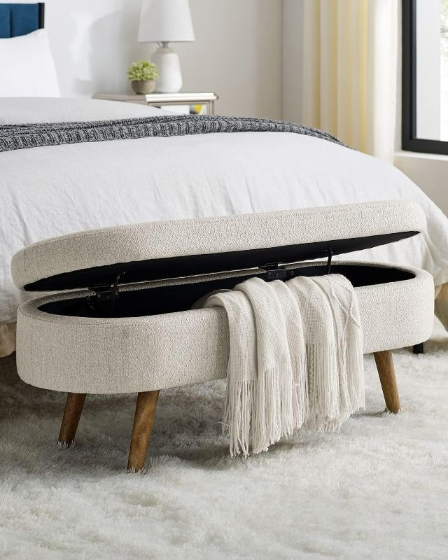 Photo 1 of Oval Storage Bench 43.5" Linen Fabric Upholstered Entryway Bench with Solid Wood Legs Ottoman Bench Indoor Bench for Living Room/Bedroom/End of Bed/Entryway (Beige)