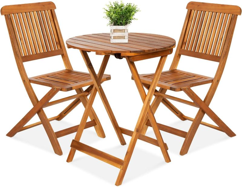 Photo 1 of Best Choice Products 3-Piece Acacia Wood Bistro Set, Folding Patio Furniture for Backyard, Balcony, Deck w/ 2 Chairs, Round Coffee Table, Teak Finish - Natural