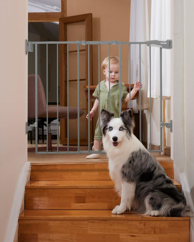 Photo 1 of Babelio 26-43" No Bottom Bar Baby Gate for Babies, Elders and Pets, 2-in-1 Hardware Mount Dog Gate for The House, Stairs and Doorways, Safety Pet Gates with Large Walk Thru Door, Gray