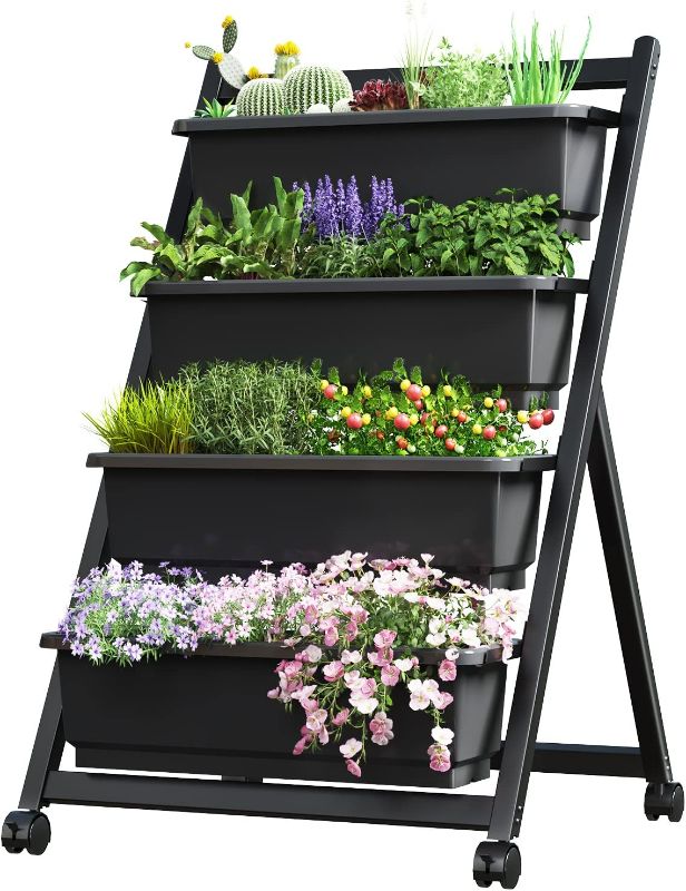 Photo 1 of FLEXIMOUNTS Vertical Raised Garden Bed w/Wheels,4 Tiers Freestanding Vertical Garden Planters with Lockable Caster Wheels and 4 Drainage Boxes, fit to Grow Vegetables Flowers on Patio Balcony Garden