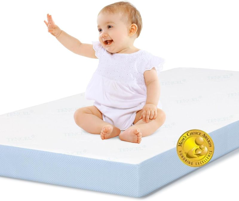 Photo 1 of BABELIO Crib Mattress Memory Foam Topper Toddler Standard Size  for Play Pin with Removable Waterproof Tencel Cover Blue and White