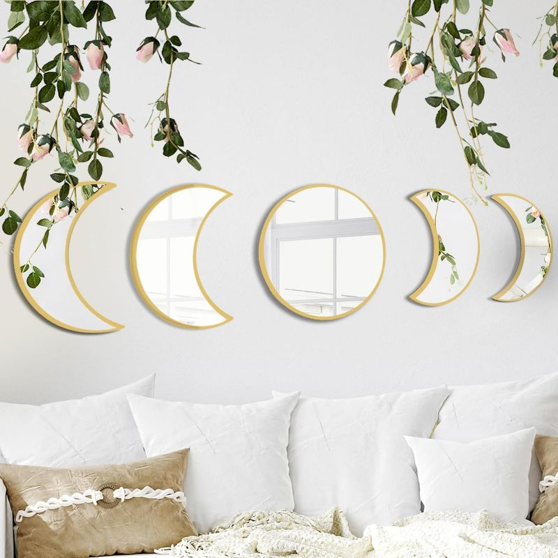 Photo 1 of YUBAIHUI Boho Moon Phase Mirror Set for Spiritual Room Decor - Glass Moon Mirror Wall Hanging for Bedroom, Dorm, and Home Decor with Preppy and Cottagecore Vibe (Gold)