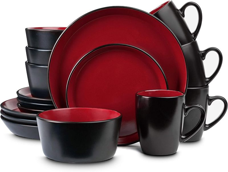 Photo 1 of Stone Lain Albie Stoneware 16-Piece Modern Dinnerware Set, Kitchen Plates and Bowls Sets, Dish Set for 4, Red and Black