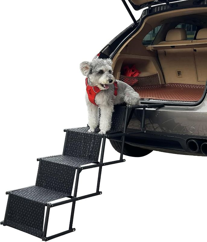 Photo 1 of Dog Trunk Ramp for Car - Medium-Large Dog and Elderly Dogs, Stable 4-Layer Dog Stairs Compatible for SUV, Seden, Truck, Hatchback, Foldable Stainless-Steel Dog Step Rack with Non-Slip Paw Prints