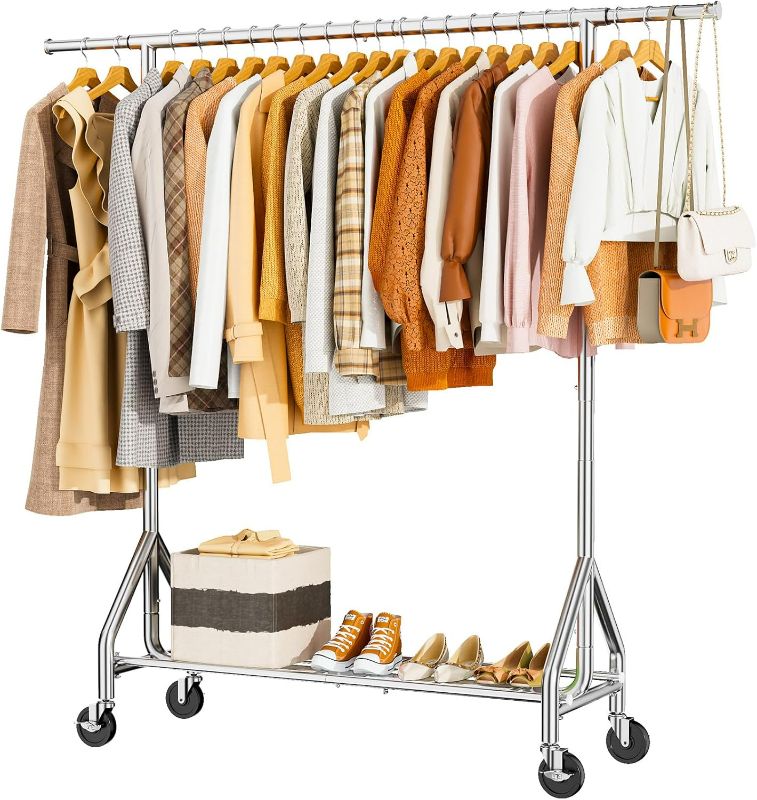 Photo 1 of Heavy Duty Clothes Rack Load 450 LBS, Metal Garment Rack, Standing Rolling Clothing Rack for Hanging Clothes with Sturdy Wheels & Shelves, Portable Closet Wardrobe Rack,Sliver