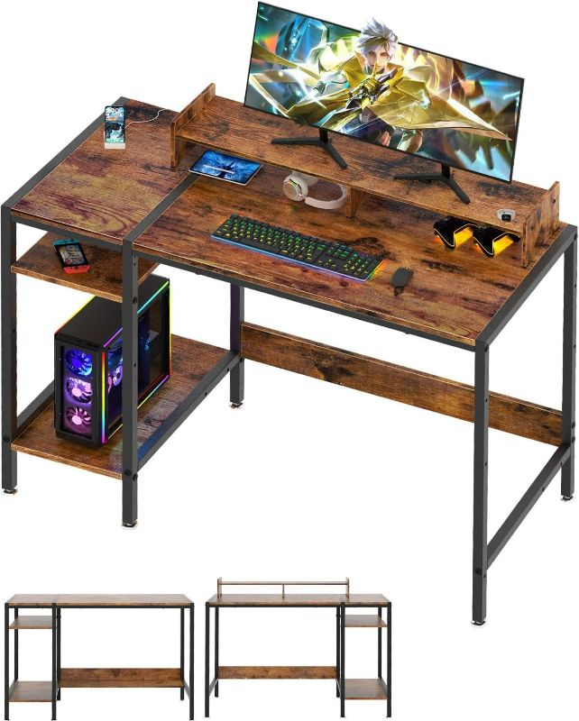 Photo 1 of Computer Desk - 39” Gaming Desk, Home Office Desk with Storage, Small Desk with Monitor Stand, Rustic Writing Desk for 2 Monitors, Adjustable Storage Space, Modern Design Corner Table.