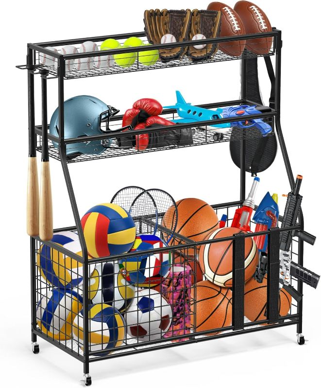 Photo 1 of Uboway Garage Organizers and Storage - Sports Equipment Organizer with Basket and Hooks, Toys Storage Organizer, Ball Storage Rack for Basketball,Tennis Ball, Volleyball, Football, Baseball, Black