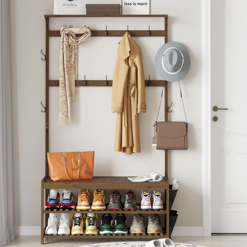 Photo 1 of AMBIRD Hall Tree with shoe bench Entryway Bench with Coat Rack 6-in-1 Coat Rack Shoe Bench with Cloth Bag Storage Bench with 14 Coat Hooks, Sturdy Bamboo Frame, Large Size, Brown 39 * 15 * 70 Inches