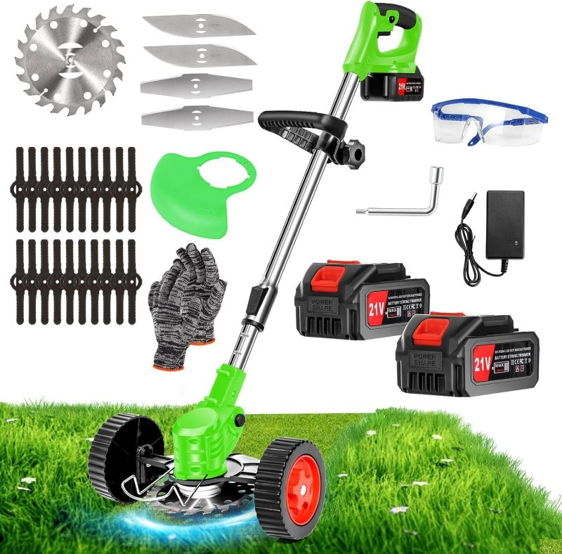 Photo 1 of Cordless  Wacker Electric Weed Wacker Battery Powered 21V /4.0Ah, Grass Trimmer with Wheels & 4 Types Blade, 3 in 1 Cordless String Trimmer & Edger & Brush Cutter, Weed Trimmer for Garden Yard