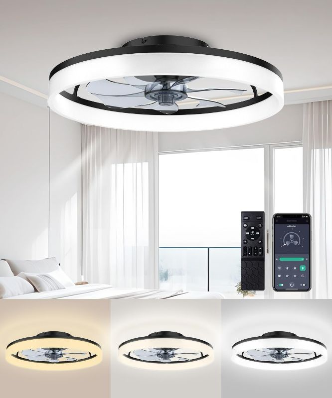 Photo 1 of Ceiling Fans with Lights and Remote, 20" Fandelier Ceiling Fan Flush Mount, 3000K-6500K Smart Bladeless LED Fan Light, Modern Low Profile Ceiling Fan with Light for Bedroom, Kids Room and Living Room.