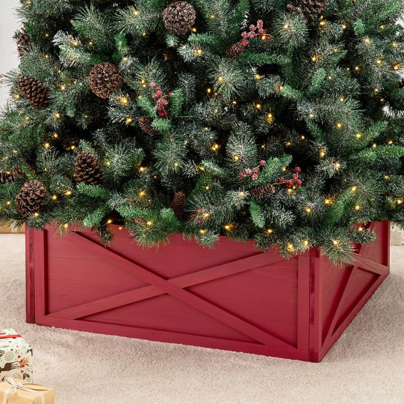 Photo 1 of Glitzhome 32" L Red Wooden Tree Collar Tree Stand Cover Christmas Tree Skirt Tree Box for Christmas Decoration