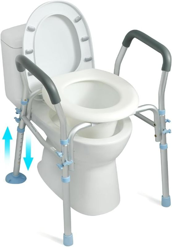 Photo 1 of OasisSpace Stand Alone Raised Toilet Seat 300lbs - Medical Raised Commode Toilet with Splash Guard and Safety Frame, Height Adjustable Legs, Bathroom Assist Frame for Elderly, Handicap, Disabled