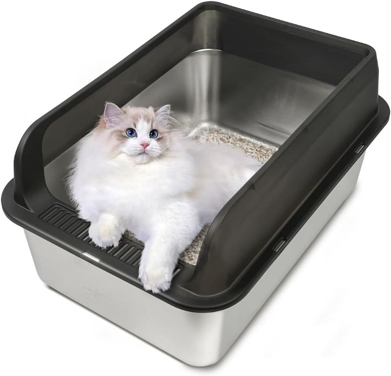 Photo 1 of Stainless Steel Litter Box Metal Cat Litter Box, Large Cat Litter Box for Big Cat with Lid, Anti-Leakage Easy Cleaning Non-Sticky, Size: 19.6"x13.7"x11" Black Include Litter Scoop