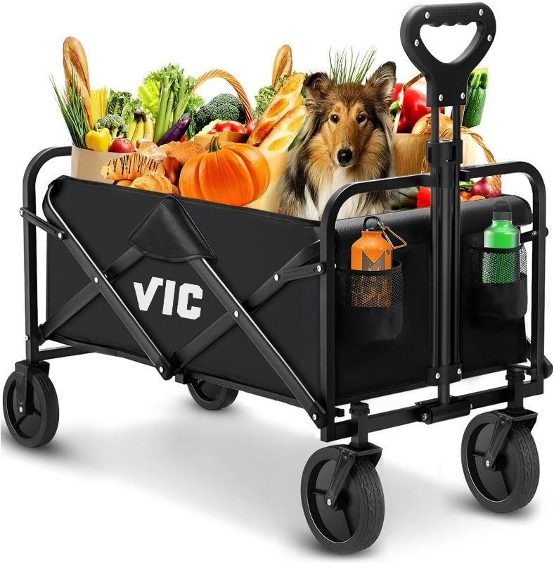 Photo 1 of VIC Collapsible Folding Wagon, Beach Wagon Cart Heavy Duty 400LBs Foldable, Utility Grocery Wagon with Side Pocket for Camping Garden Sports, L4