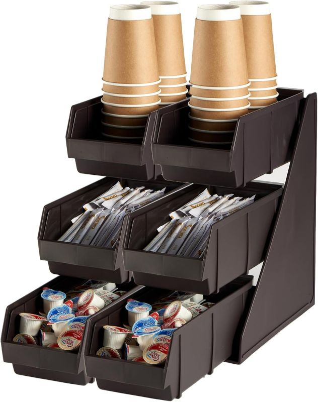 Photo 1 of CURTA Brown Self Serve Condiment Bin Stand Set, Removable Condiment Organizer with 3-Tier Stand and 6 Condiment Bins, 20" D x11.5 W x 14" H, Coffee Bar Beverage Station